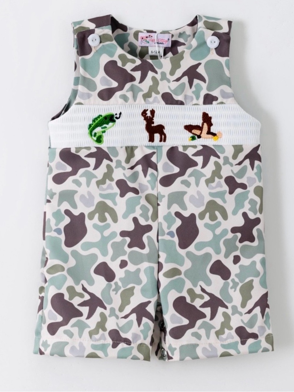 Boys Camo Smocked Shortall with Wildlife Appliqués - Green